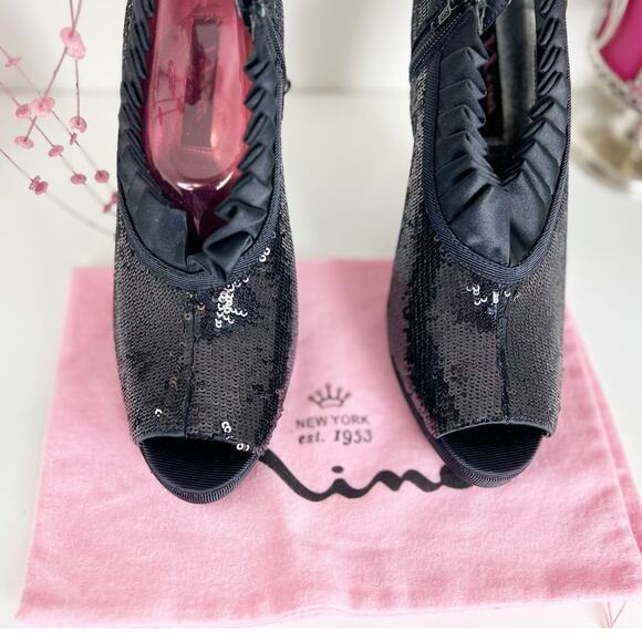 Nina Eveline Sequin Ruffle Peep Toe Platform Heels Pumps Black Size 8.5 M NWB - Picture 10 of 15